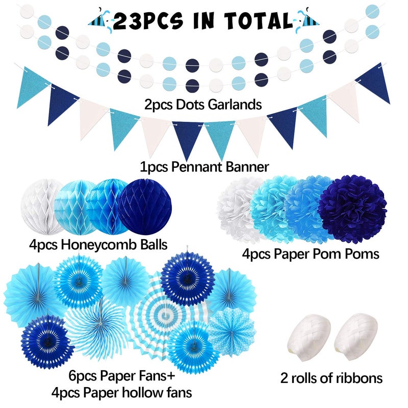 Marwey 23Pcs Blue Birthday Party Decorations for Boys Men Navy Royal Light Blue Honeycomb Ball, Hanging Paper Fans, Pom Poms, Baby Shower Decorations Boy, Party Supplies 16th 18th 21th 30th 40th 50th - Image 2